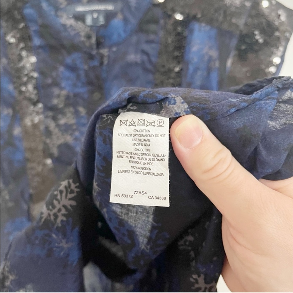 French Connection top blue black floral trees sequins cap sleeves buttons - Picture 7 of 8